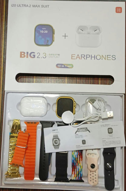 I20 Ultra Max Suit Smart Watch 10-in-1 Bundle | 7 Straps, Earbuds included