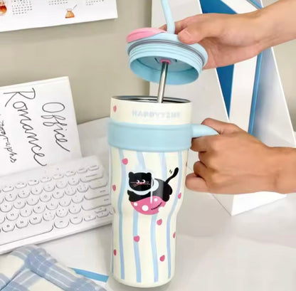 1200ml Cute Stainless Steel Tumbler With Straw, Cute Thermos Water Bottle, Outdoor Coffee Travel Mug