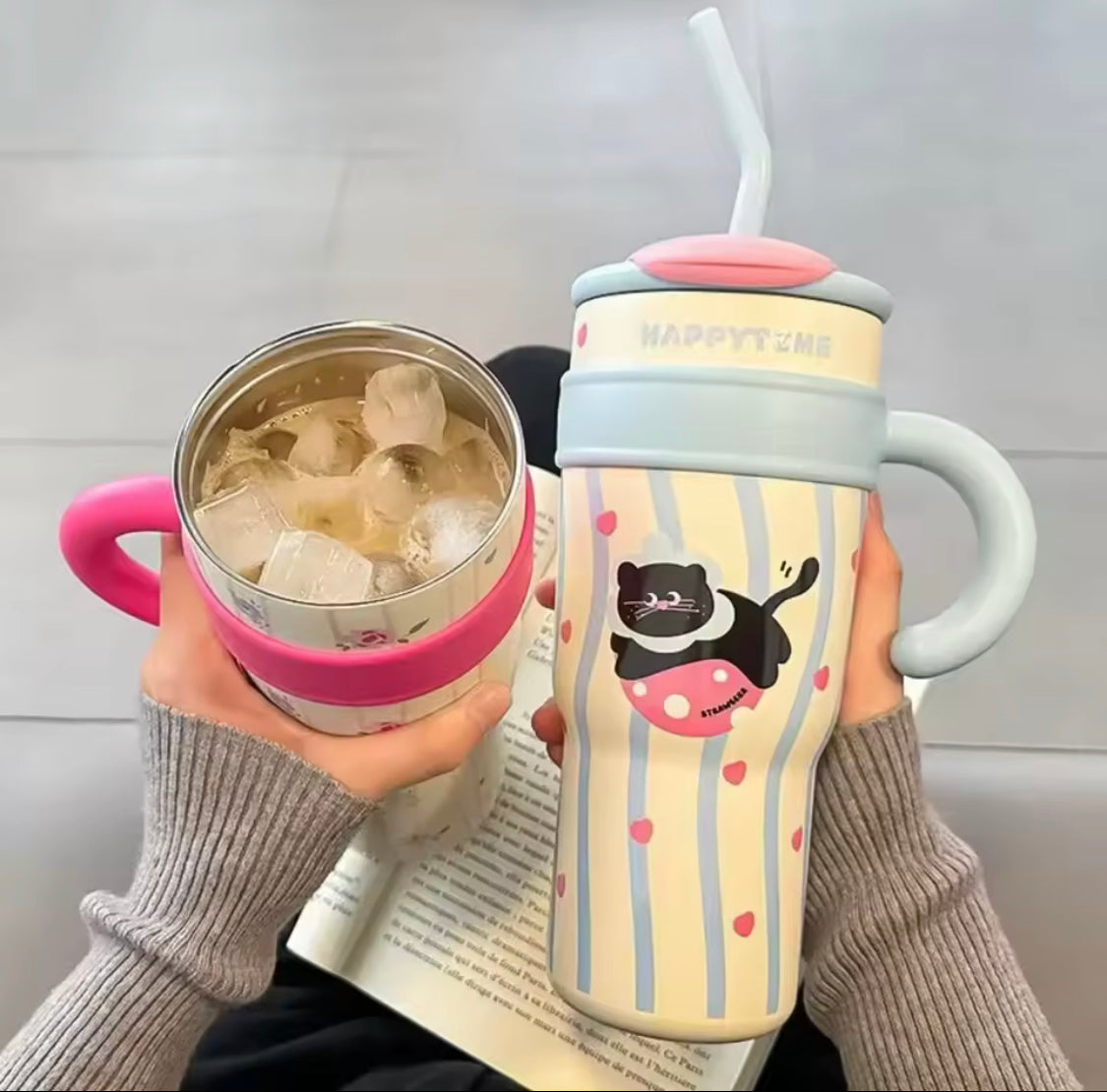 1200ml Cute Stainless Steel Tumbler With Straw, Cute Thermos Water Bottle, Outdoor Coffee Travel Mug