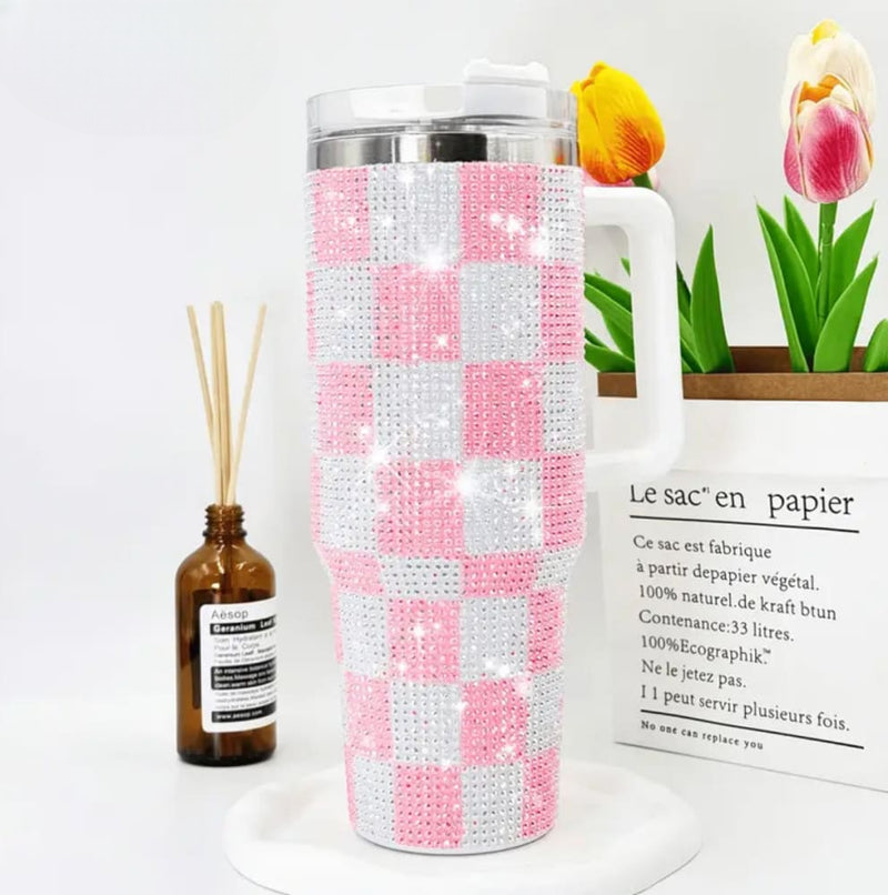 1200ml Rhinestone Tumbler, Stainless Steel Car Mug With Straw, Insulated Water Bottle Thermos