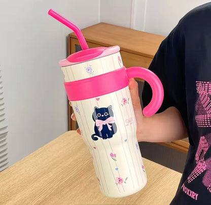 1200ml Cute Stainless Steel Tumbler With Straw, Cute Thermos Water Bottle, Outdoor Coffee Travel Mug