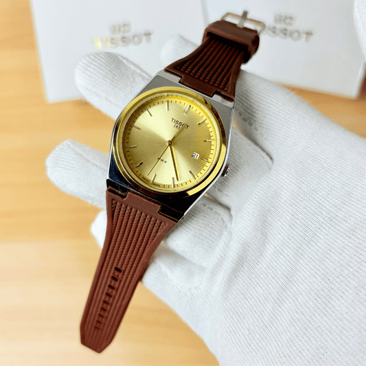 Tissot PRX - Gold Dial - Brown Rubber Strap